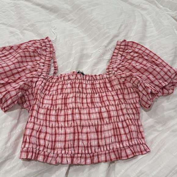 English Factory Smocked Top, Red/Pink check pattern, sz  L - Picture 4 of 7